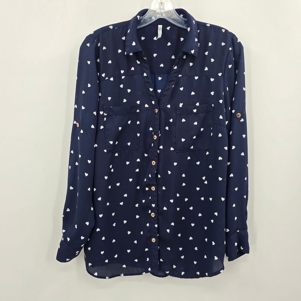 DNA Couture Blouse Womens Large‎ Navy Blue Heart Print Roll Tab Sleeve Button